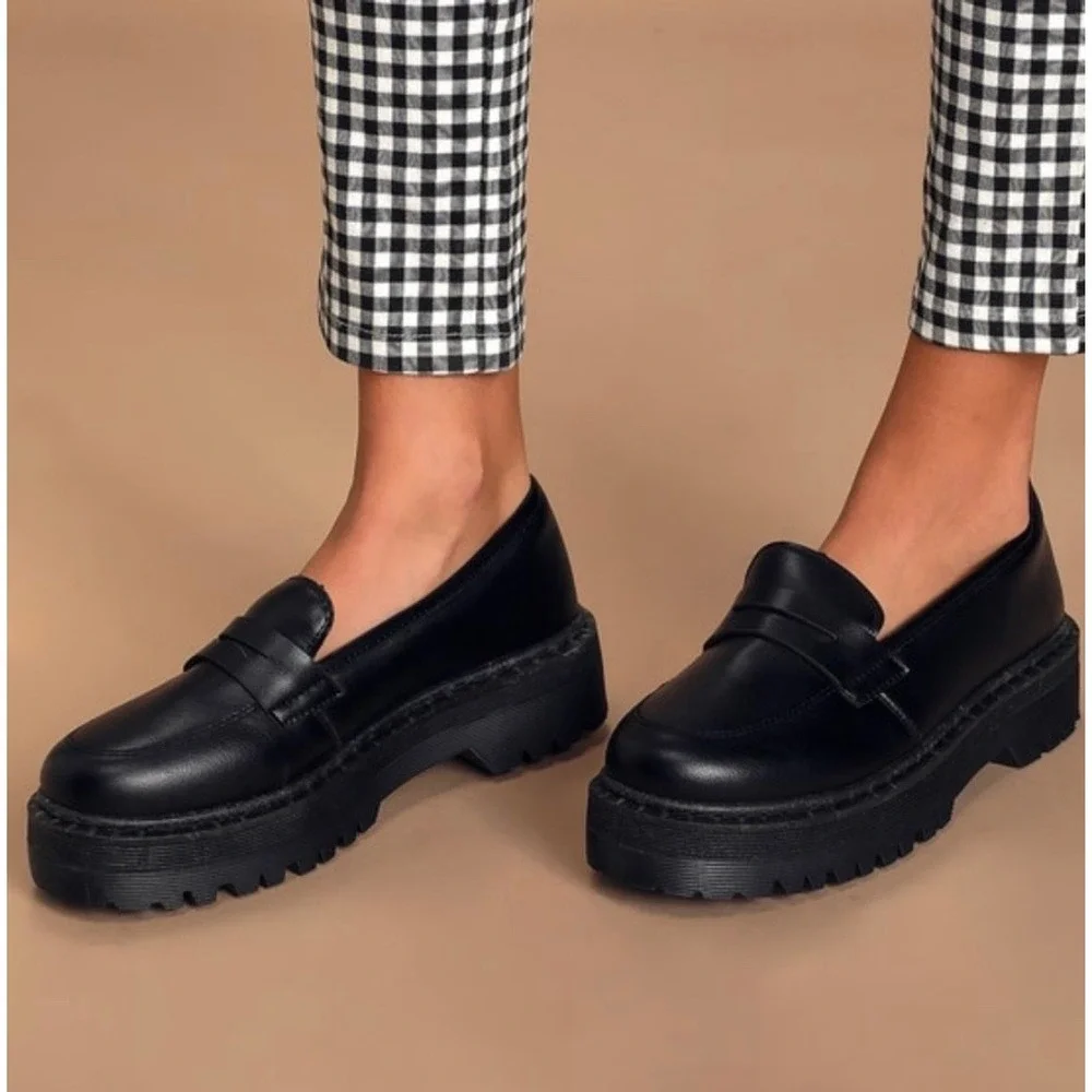 Lulus Maysie Black Chunky Penny Loafers Platform Slip‎ On Shoes Size 11 Goth EUC